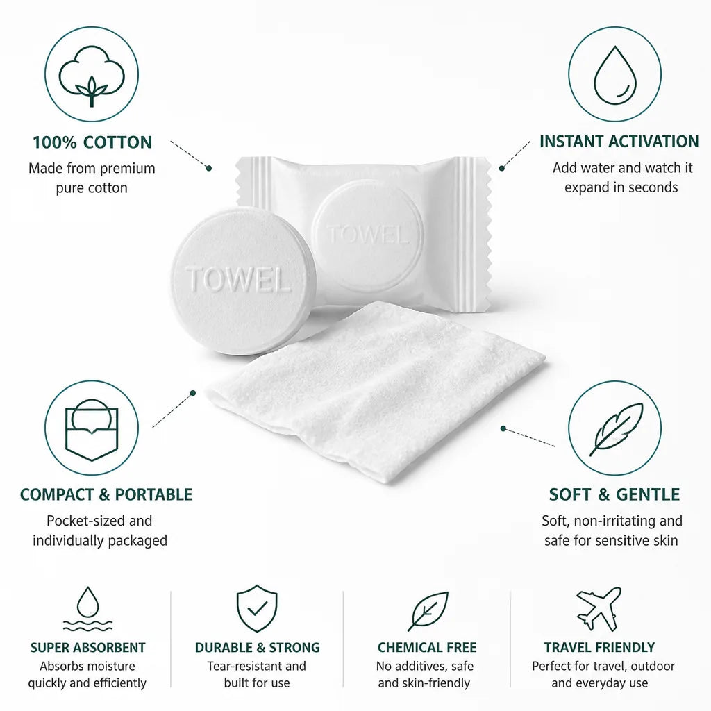 Compressed Travel Towel Pocket-Sized 100% Cotton Expands With Water