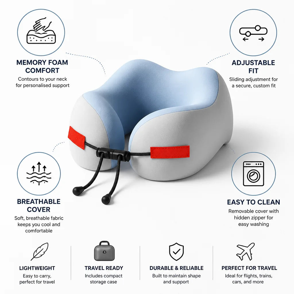 Travel Neck Pillow Contoured Memory Foam Adjustable Fit