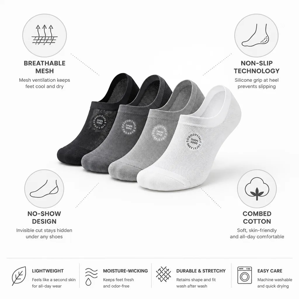No-Show Socks Combed Cotton Non-Slip Set of 4