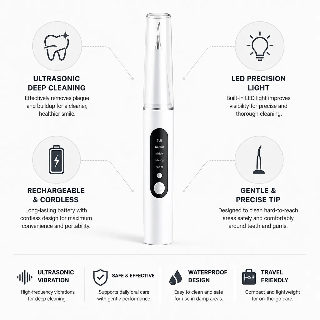 Ultrasonic Tooth Cleaner Cordless & Rechargeable LED Light