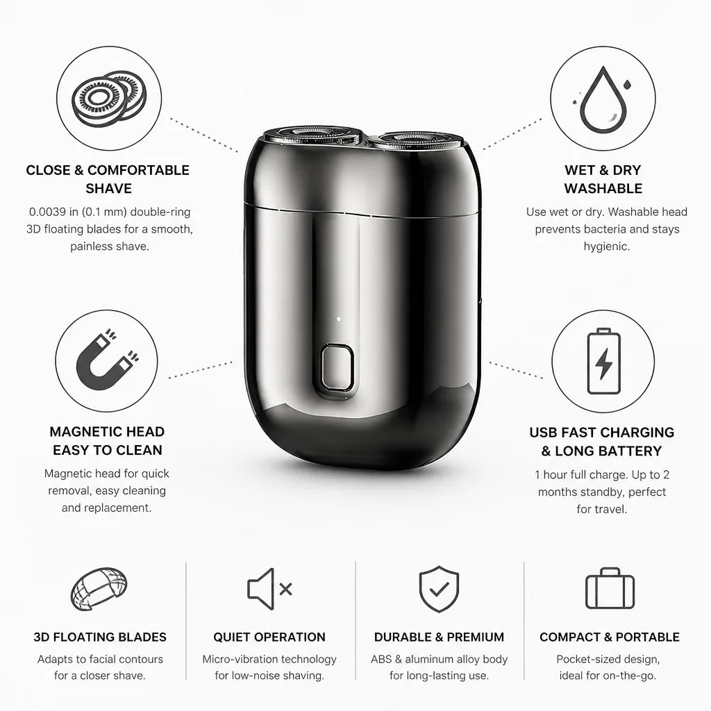 Pocket Shaver 3D Floating Blades USB Rechargeable Wet-Dry Washable