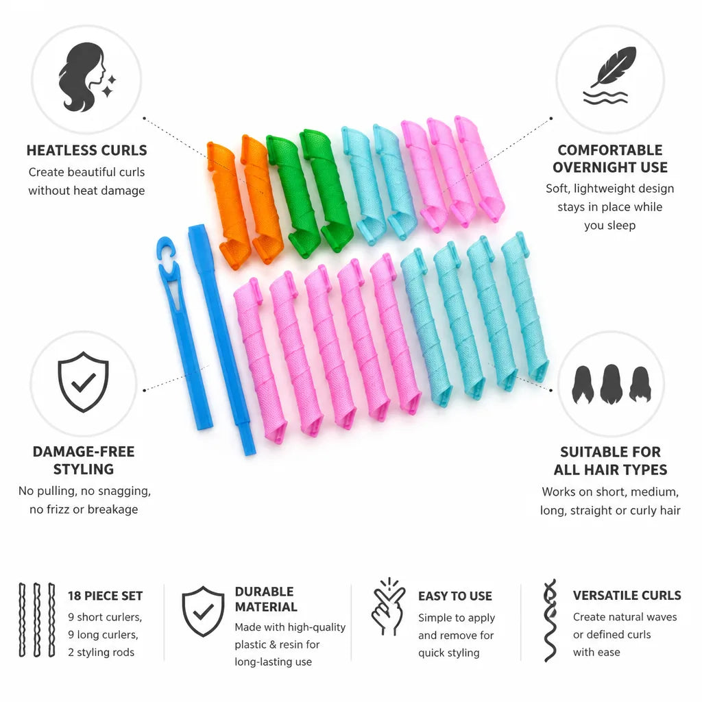 Hair Curler Kit Heatless Overnight Set Of 18 Rollers