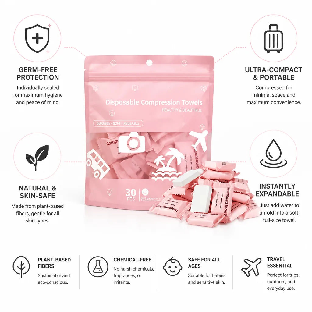 Compressed Travel Towels Individually Sealed Plant-Based 30 Pack