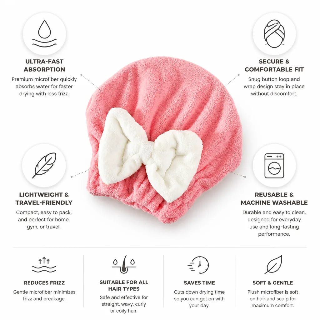 Hair Drying Cap Microfiber Quick-Dry Button-Loop