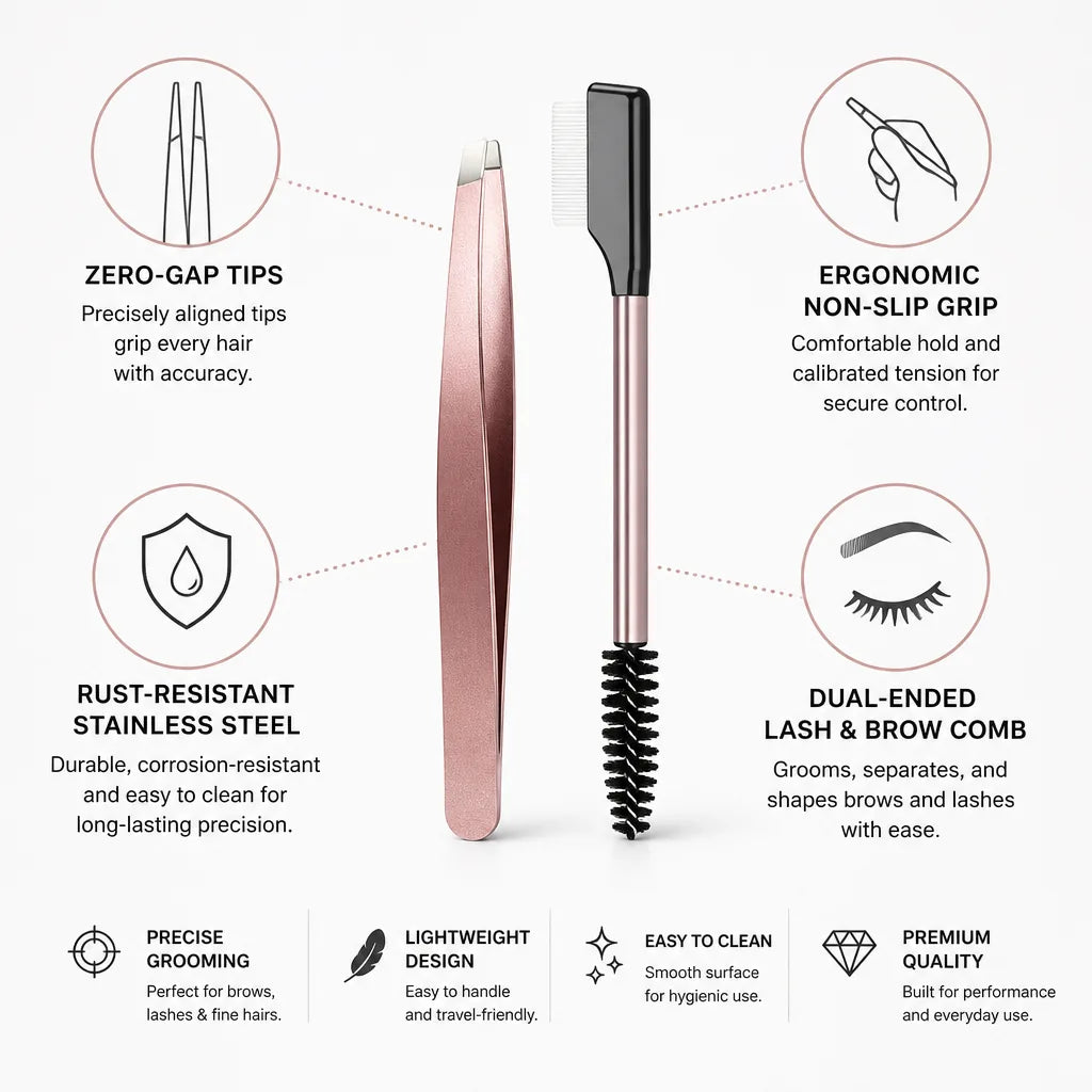 Eyebrow Tweezers Zero-Gap Tips Stainless Steel