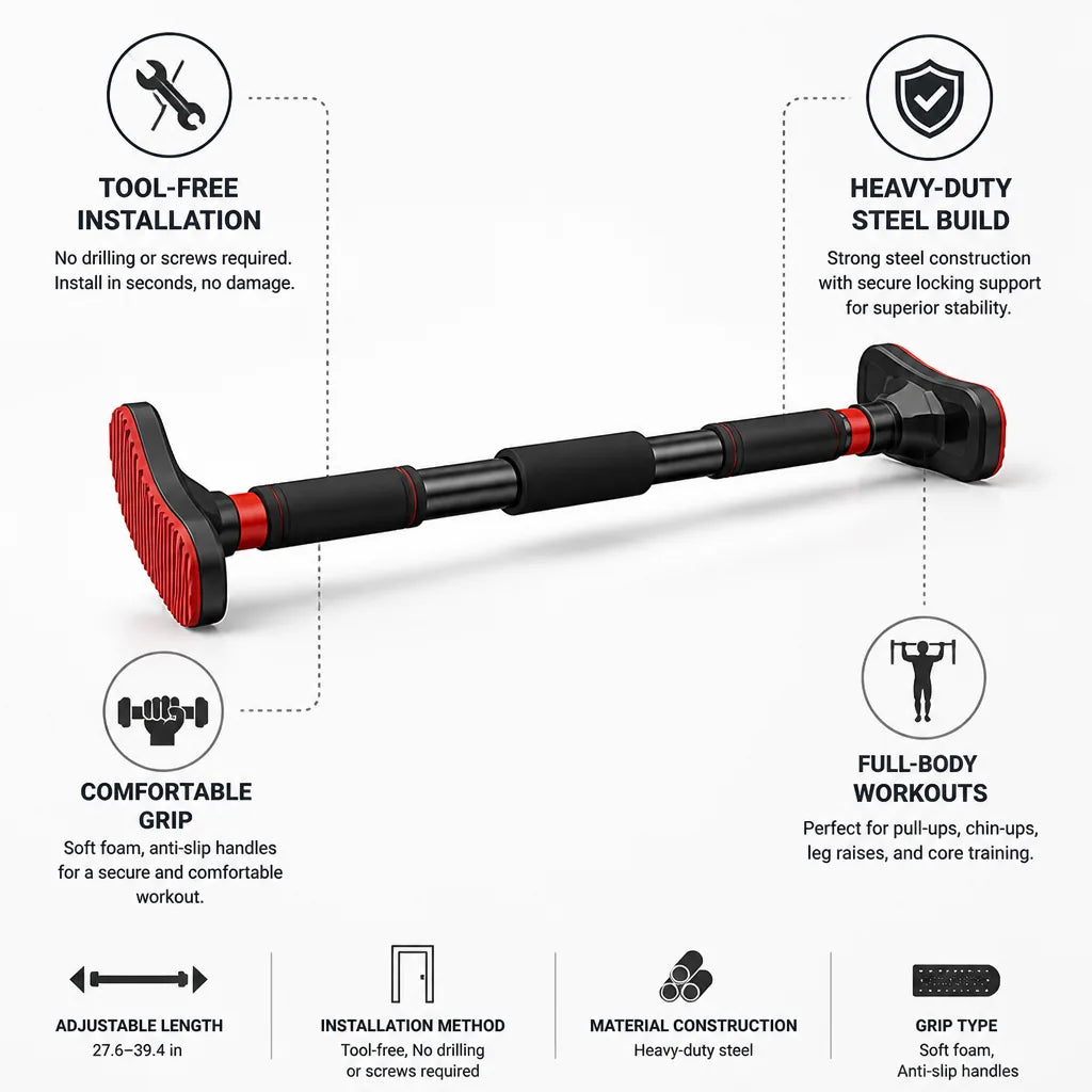 Doorway Pull-Up Bar Adjustable Heavy-Duty Padded Grips