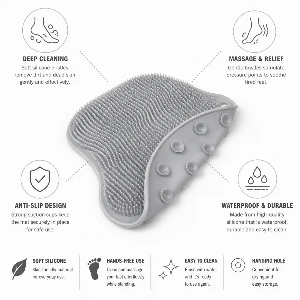 Shower Foot Scrubber Mat Silicone Bristles Hands-Free Anti-Slip