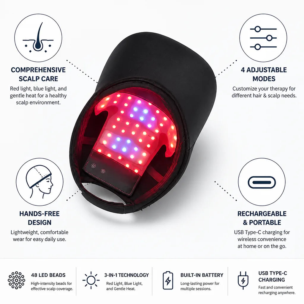 Hair Therapy Cap 3-in-1 LED & Heat Rechargeable USB-C