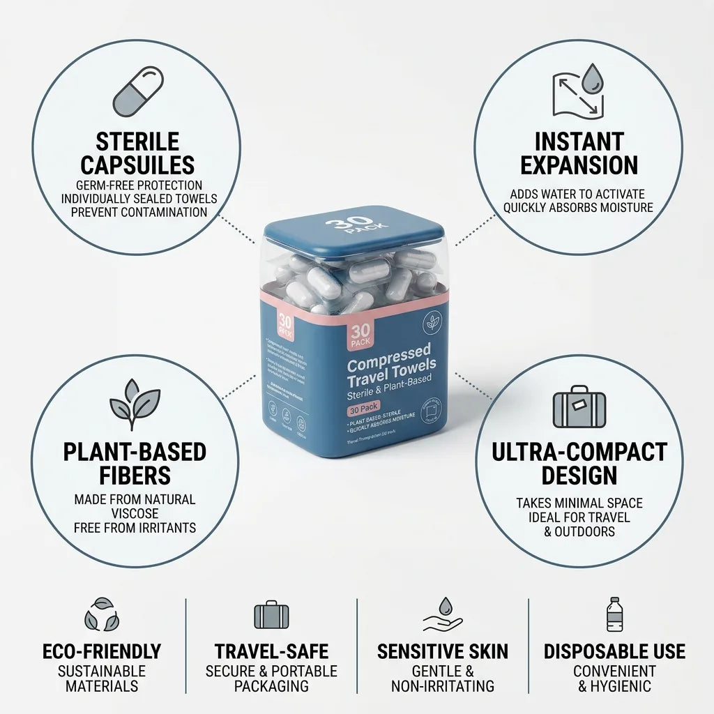 Compressed Travel Towels Sterile & Plant-Based 30 Pack