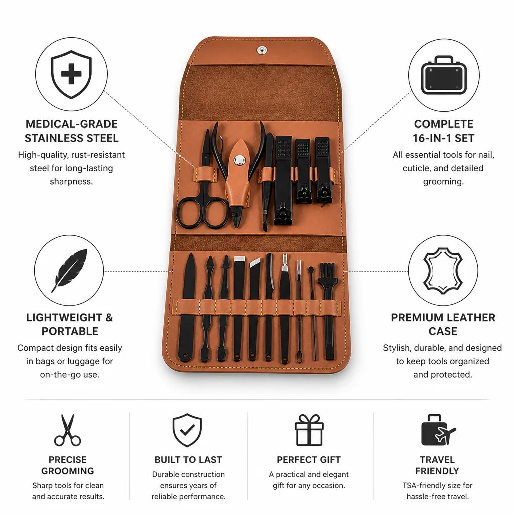Manicure Kit 16-in-1 Medical-Grade Stainless Steel Leather Case