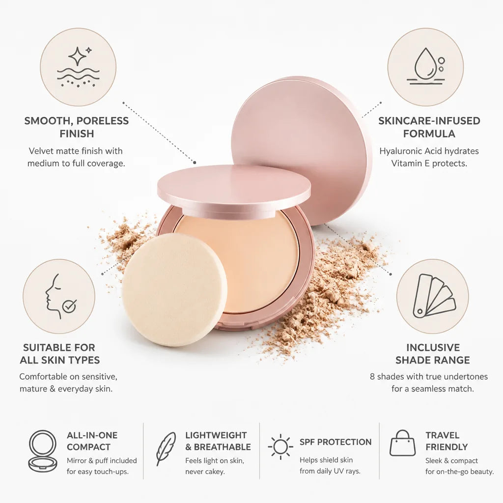Compact Powder Foundation Velvet Matte Medium-Full Coverage Hyaluronic Acid