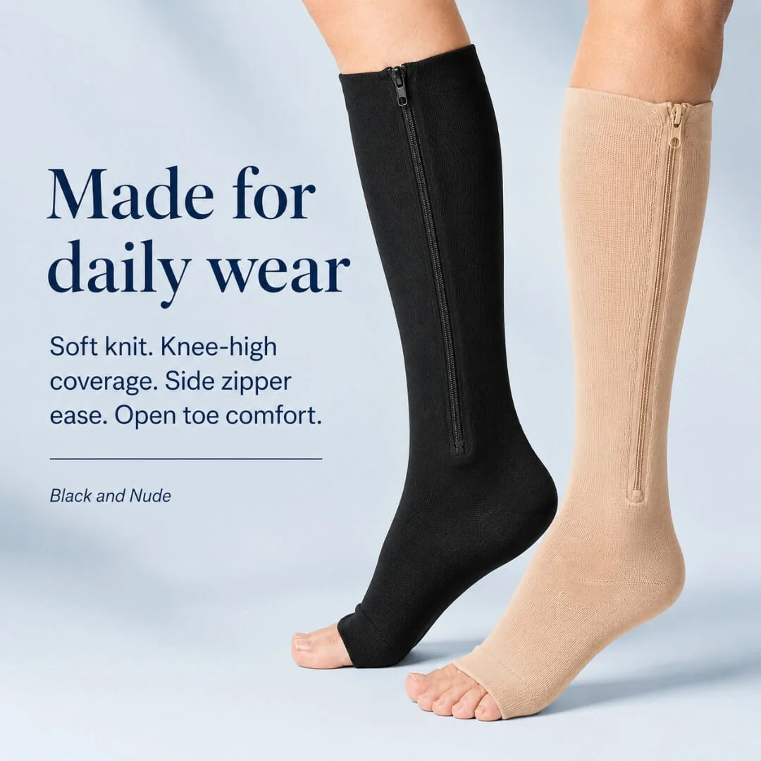 Compression Socks Knee-High 15-20 mmHg Open Toe & Side Zipper