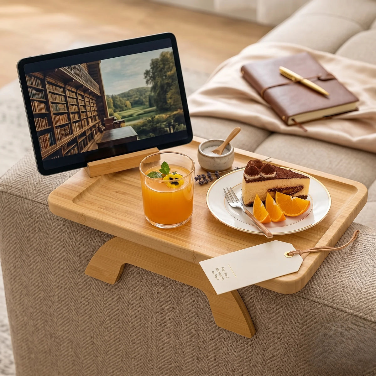 Couch Armrest Tray Table Bamboo Rotating Phone Holder