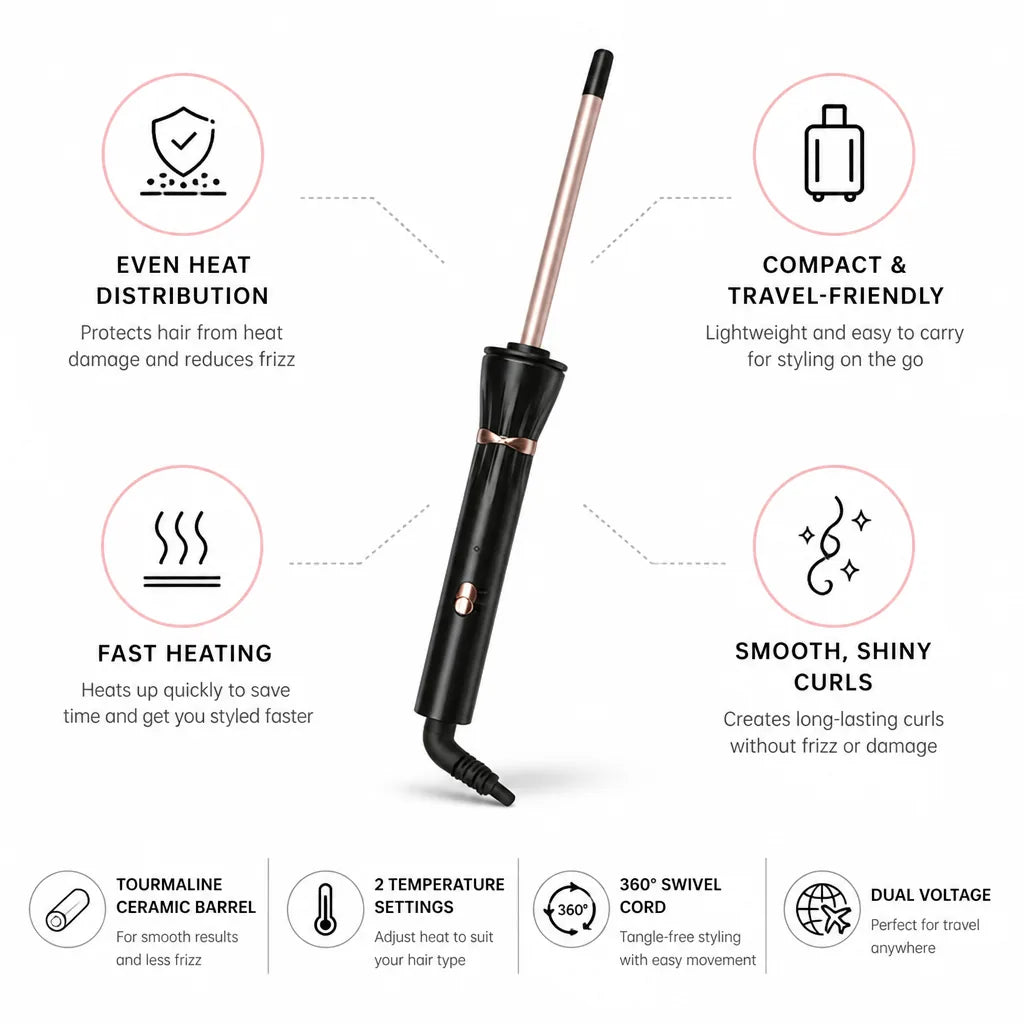 Curling Iron 9mm Tourmaline Ceramic Fast Heat & Travel-Friendly