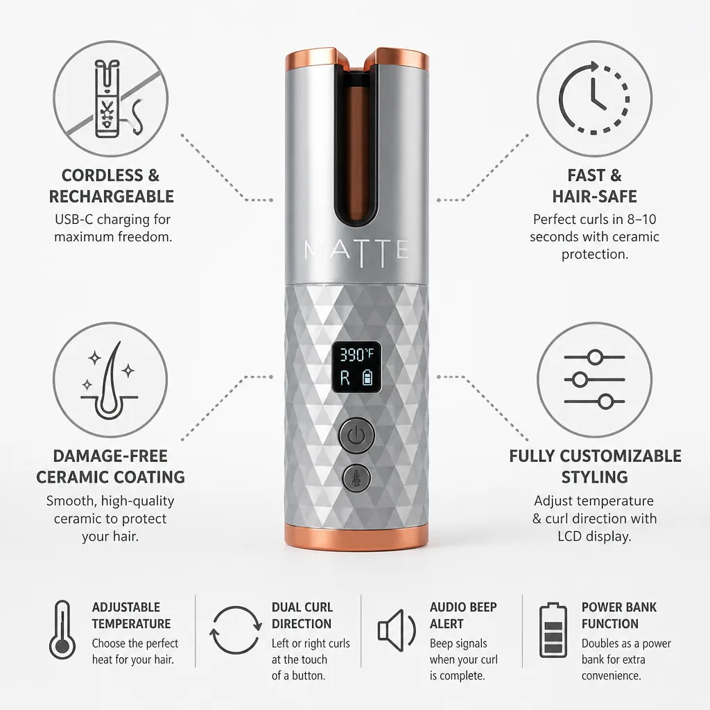 Curling Iron Cordless USB-C Rechargeable LCD Ceramic Barrel