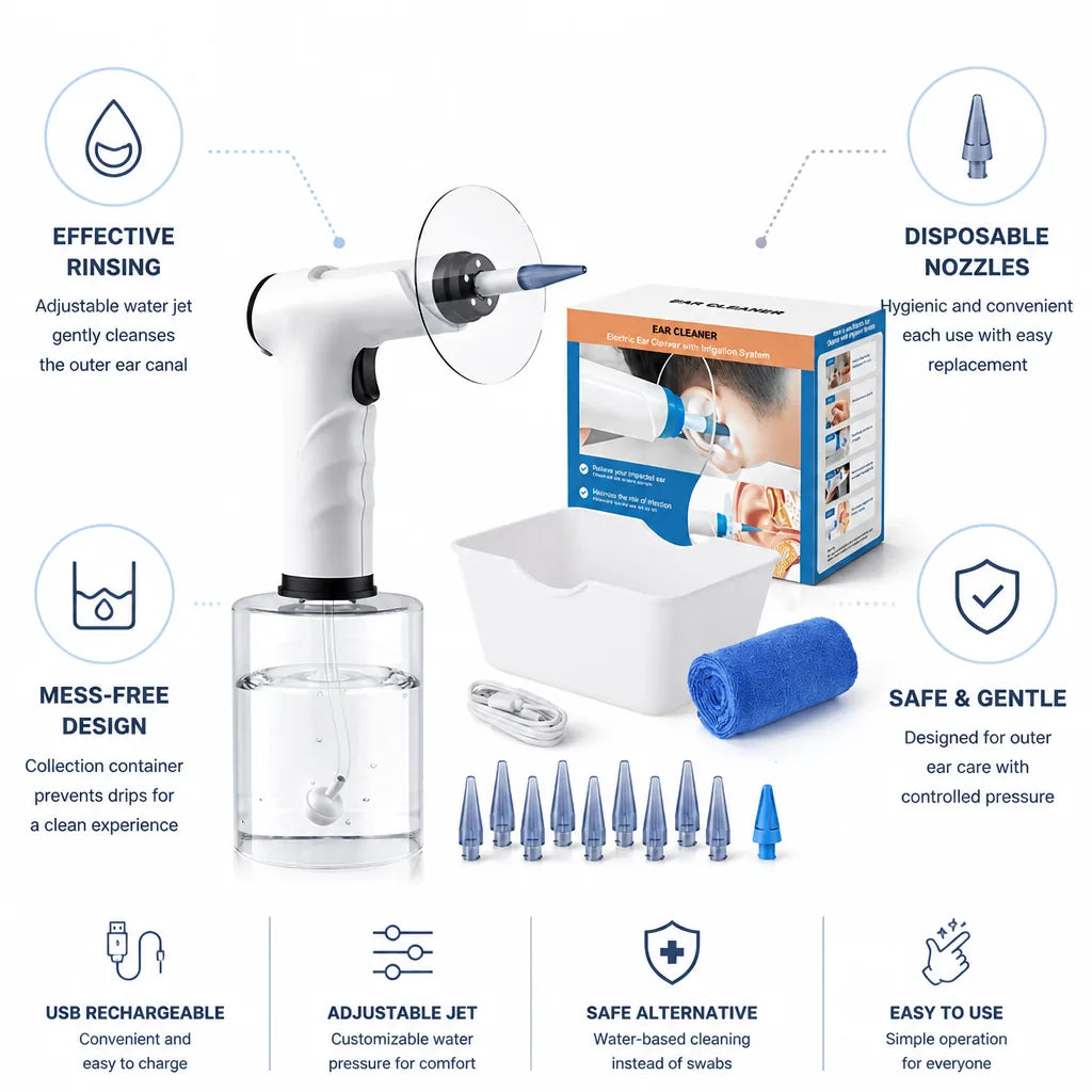 Electric Ear Rinse Kit Adjustable Water Jet Disposable Nozzles