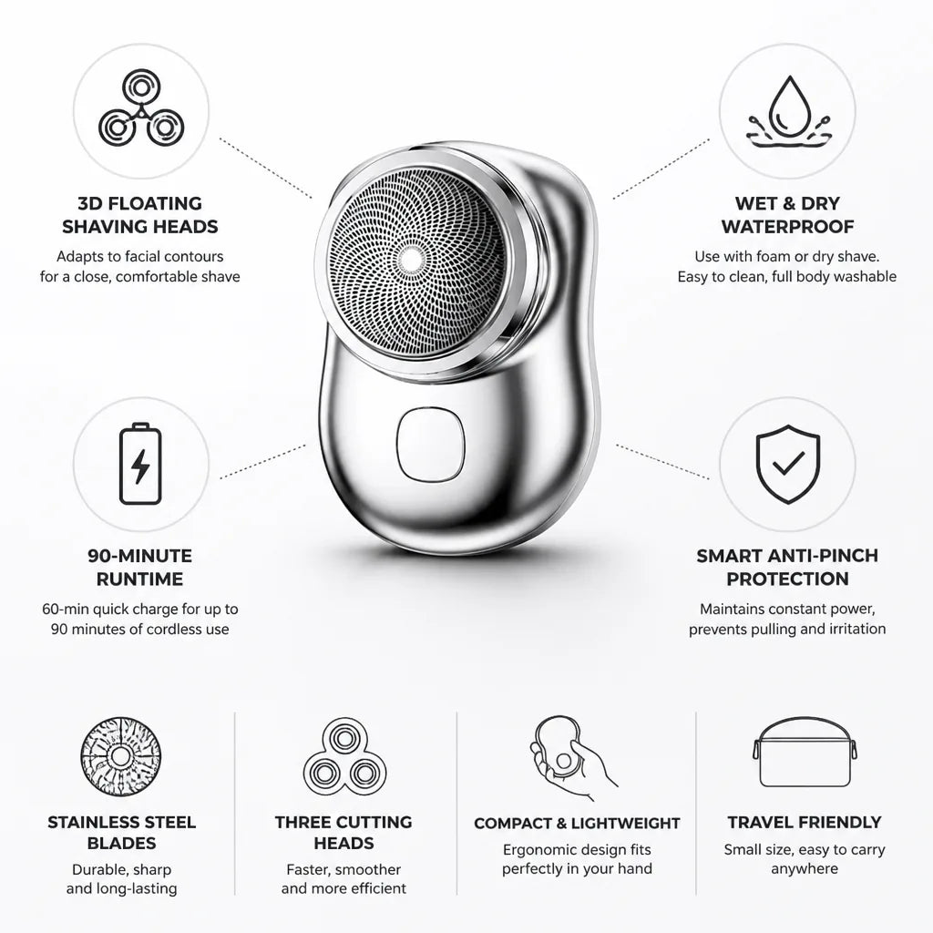 Electric Shaver 3D Floating Heads Waterproof 90-Minute Runtime
