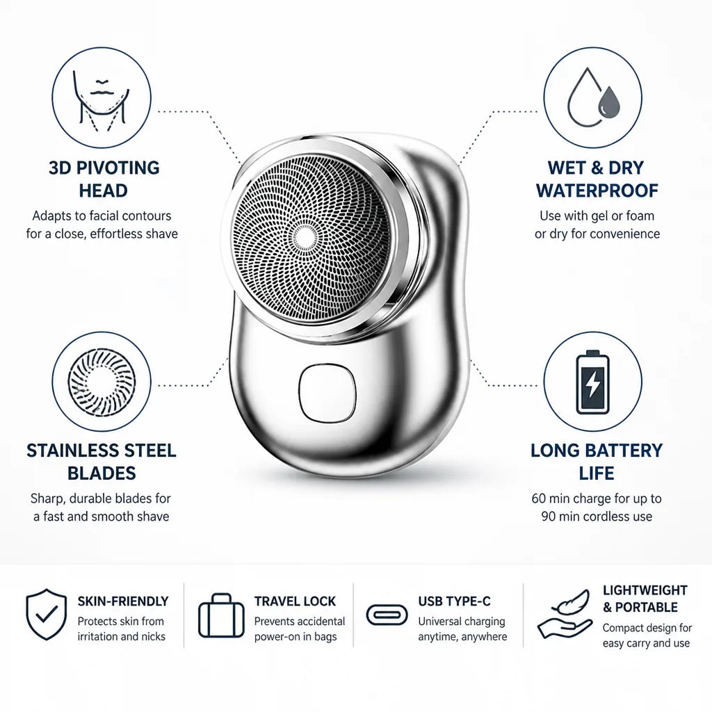 Electric Shaver 3D Pivoting Head Waterproof Stainless Steel Blades