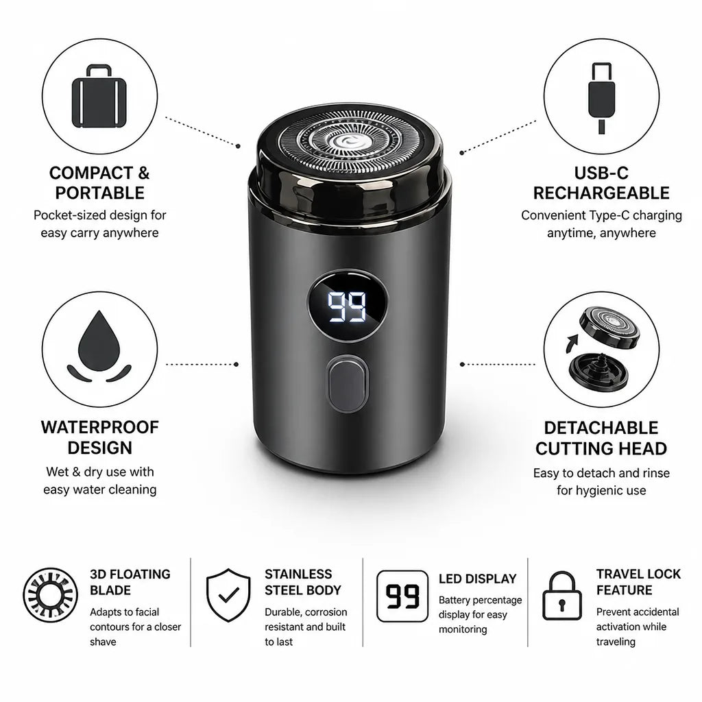 Electric Shaver Pocket-Sized Waterproof USB-C Rechargeable
