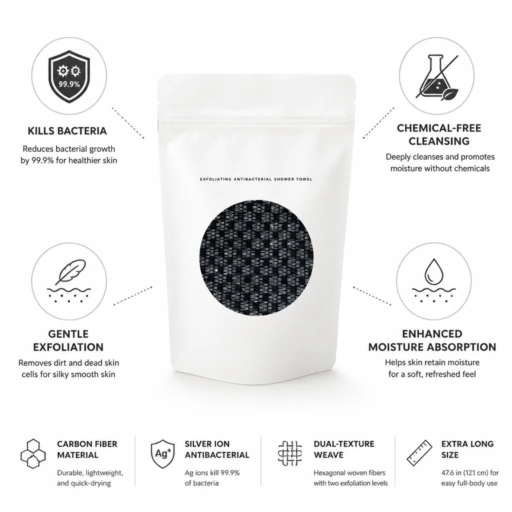 Exfoliating Shower Towel Carbon Fiber Kills 99.9% Bacteria