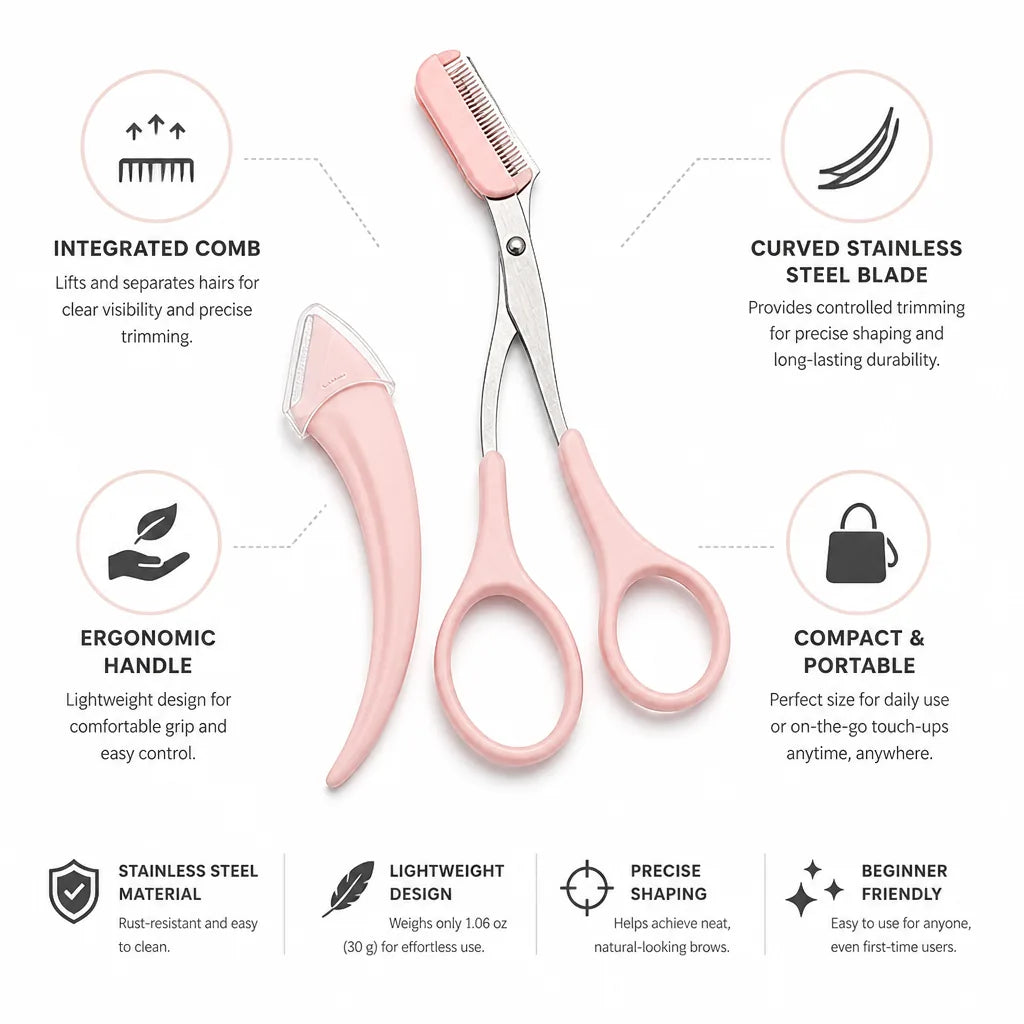 Eyebrow Scissors Built-In Comb Curved Stainless Steel Ergonomic Handle