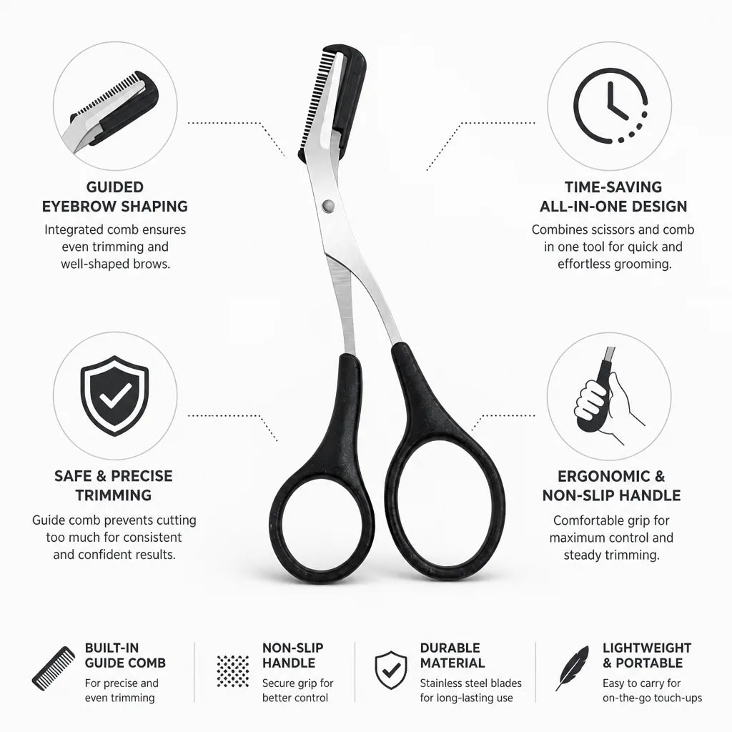 Eyebrow Trimmer Scissors Built-In Guide Comb & Non-Slip Handle