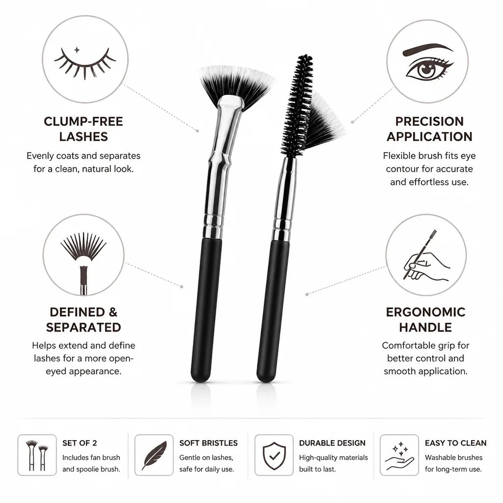 Eyelash Mascara Brush Ergonomic Handle Clump-Free Set of 2