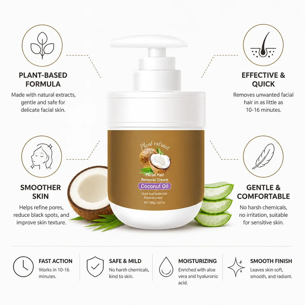 Facial Hair Removal Cream Gentle Plant-Based Coconut & Aloe
