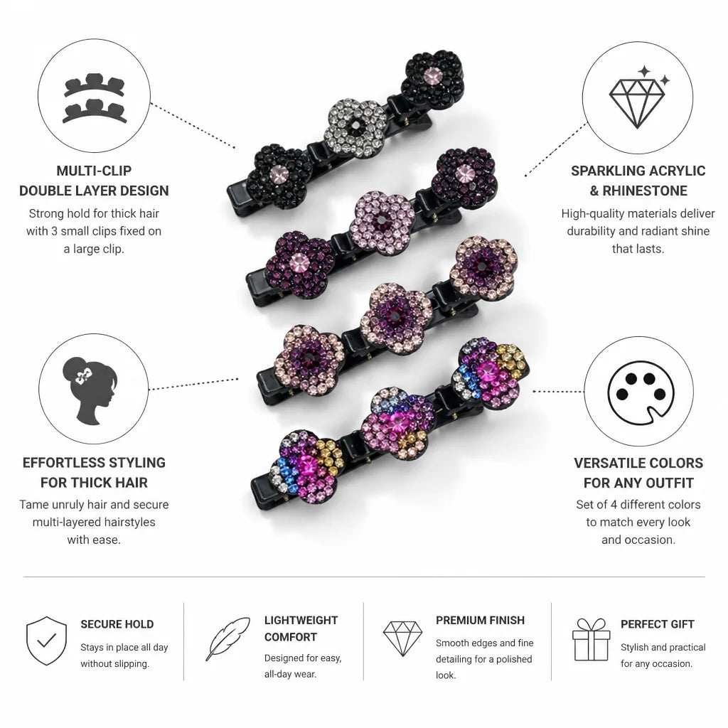 Hair Clips Double-Layer Acrylic & Rhinestone Set of 4