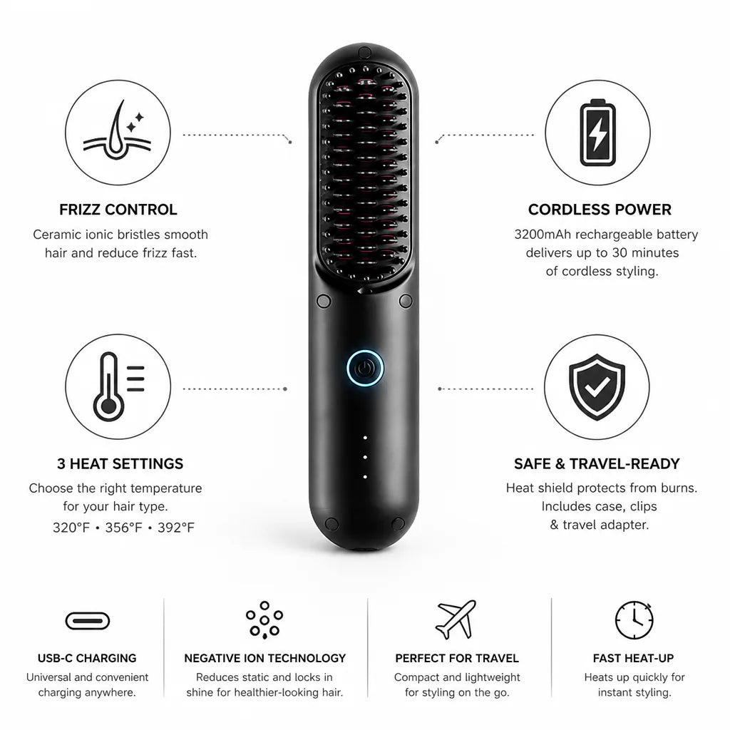 Hair Straightening Brush Cordless USB-C Ceramic Ion Technology