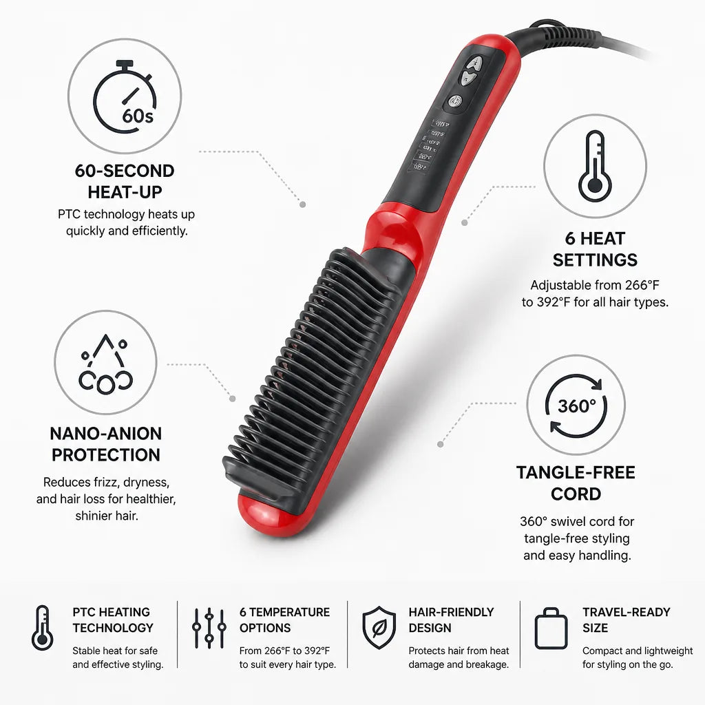 Hair Straightening Brush Ionic PTC Heating 6 Heat Settings