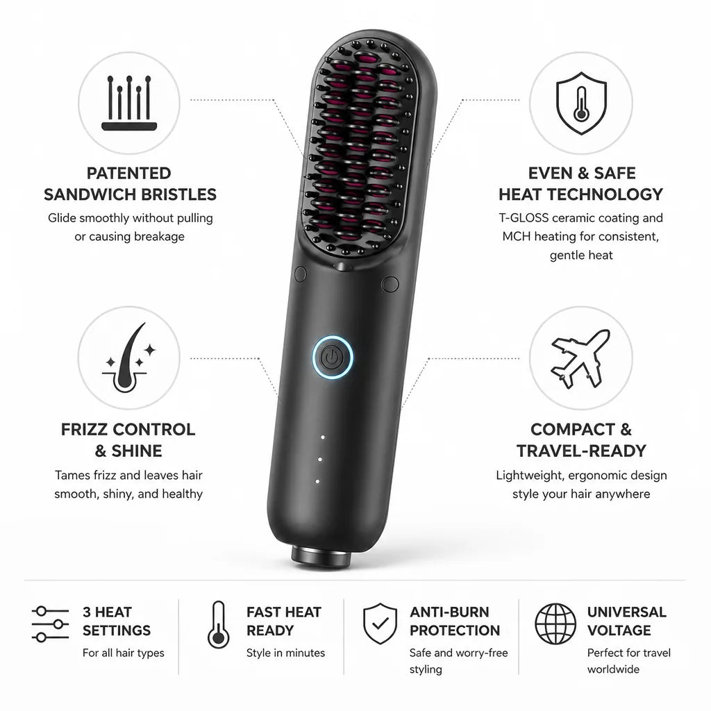 Hair Straightening Brush Patented Sandwich Bristles Ceramic Coating