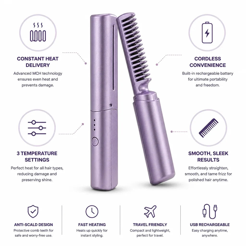 Hair Straightening Comb Cordless Rechargeable Fast-Heating