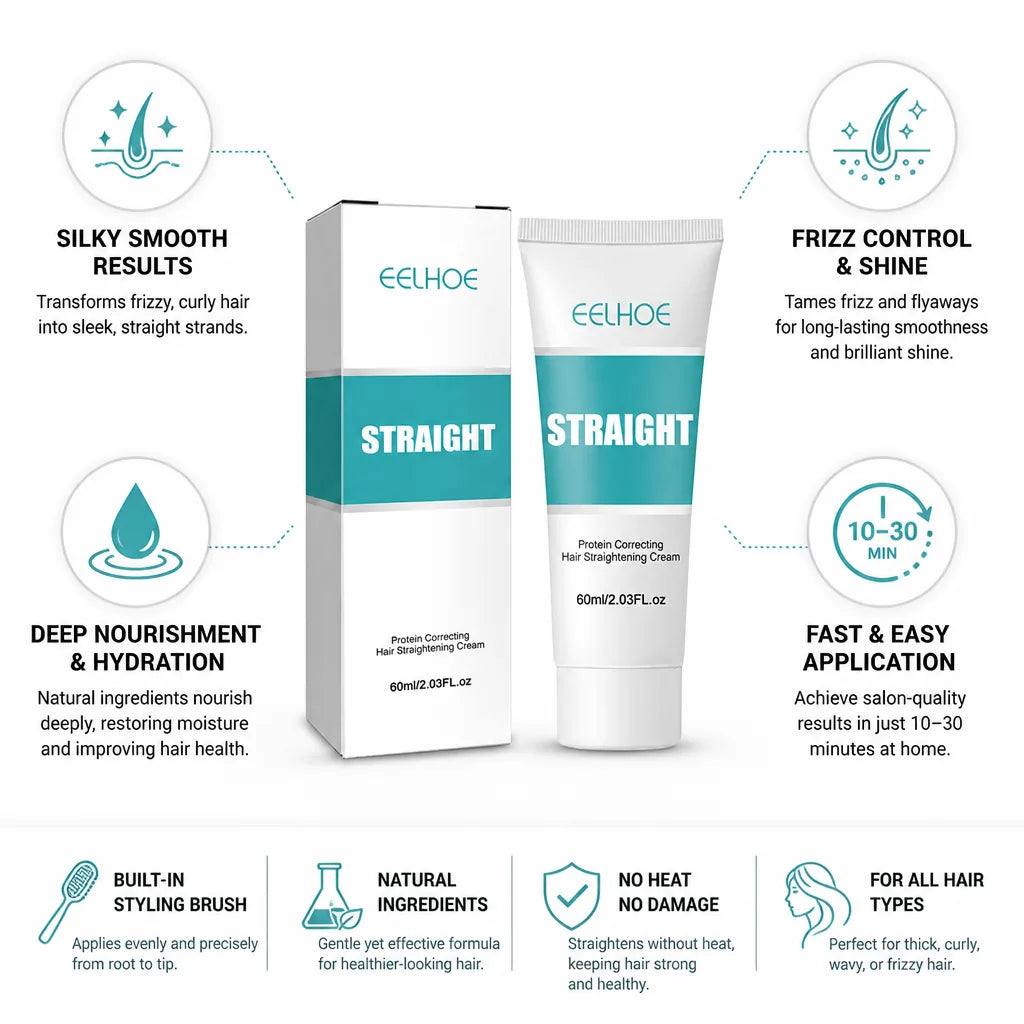 Hair Straightening Cream Keratin & Frizz Control Built-In Brush