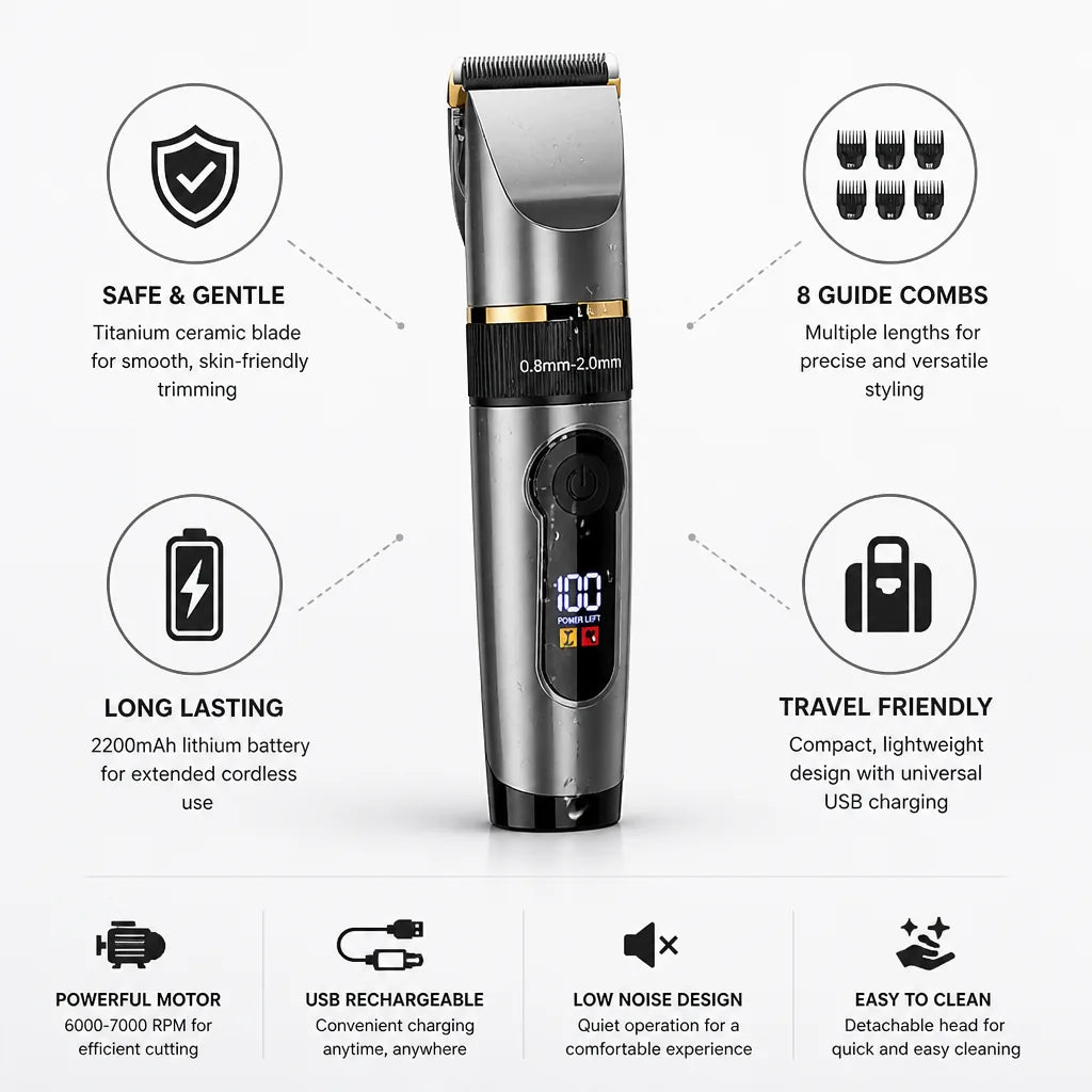 Hair Trimmer Titanium Ceramic Blade USB Rechargeable 8 Guide Combs