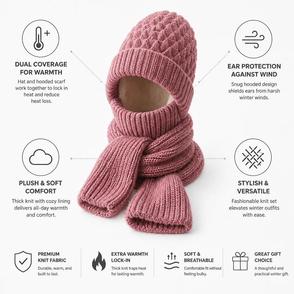 Hat & Hooded Scarf Set Plush Thermal Knit Ear-Covering
