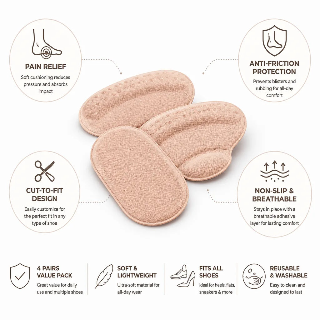 Heel Cushions Shock-Absorbing Non-Slip Adhesive Cut-To-Fit 4 Pairs