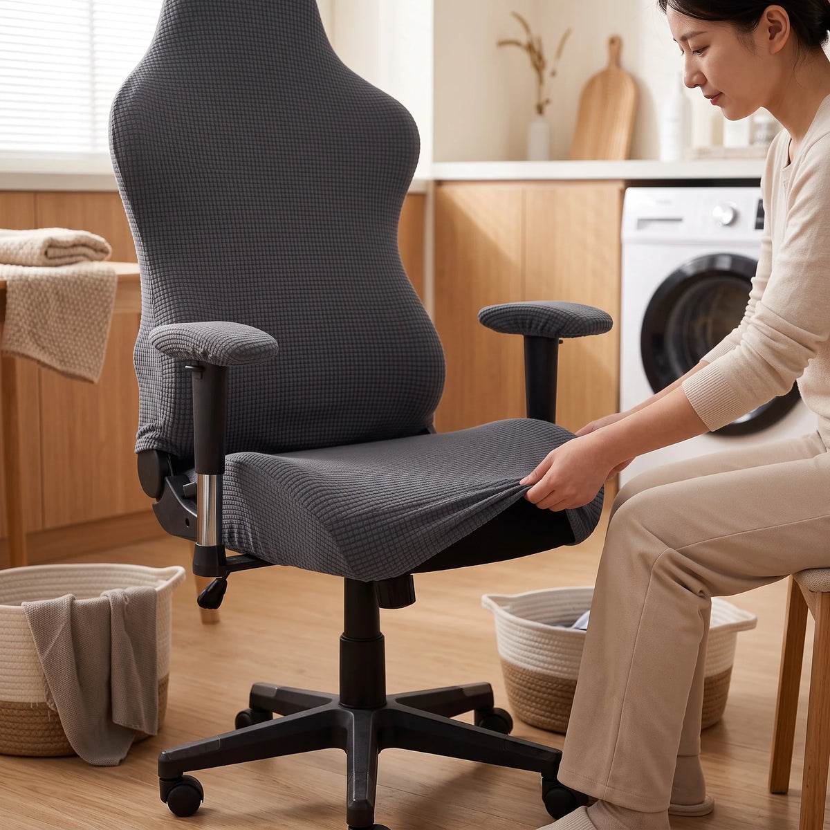 High-Back Chair Cover Set Stretch Jacquard Elastic Fit