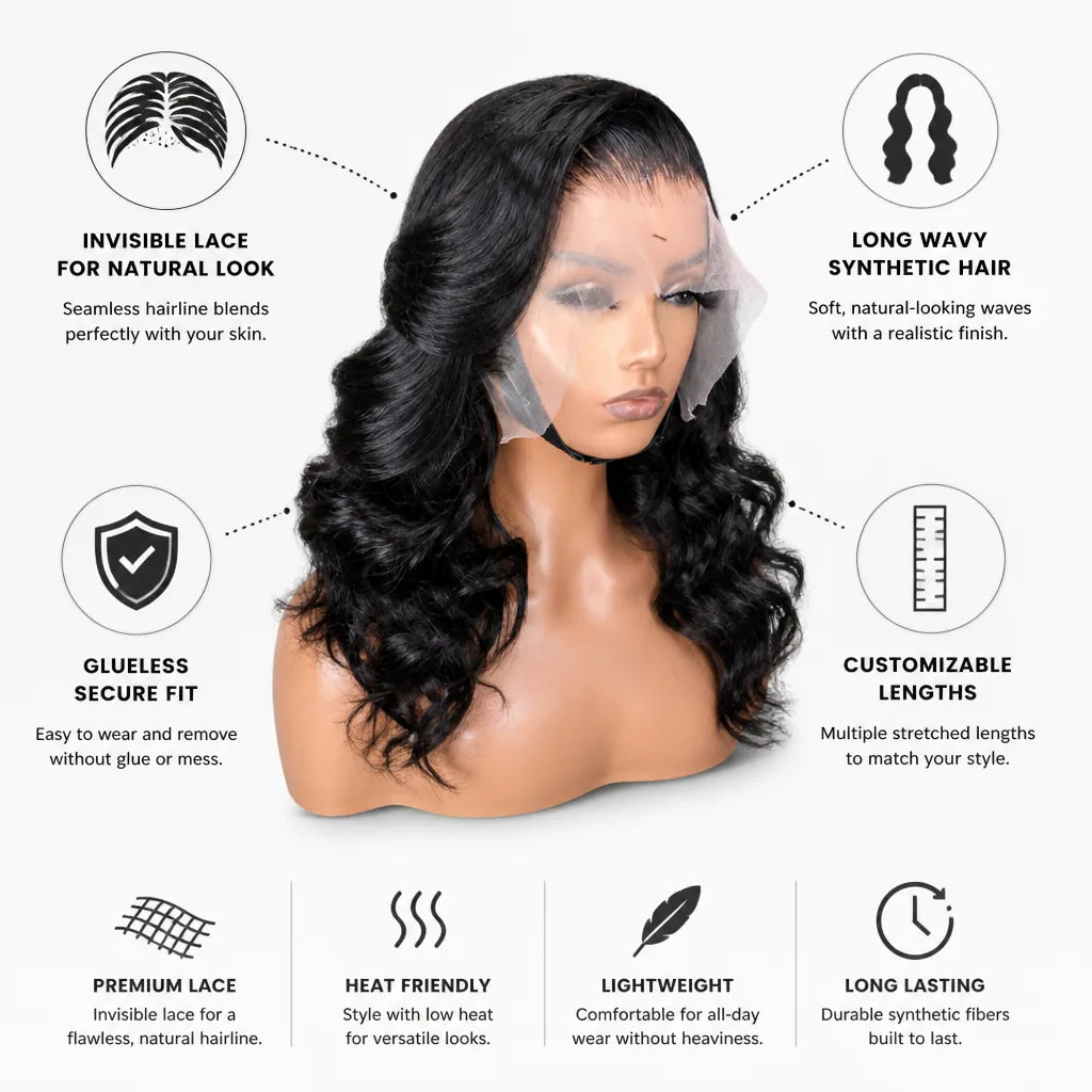Lace Wig Glueless Invisible Hairline Long Wavy Synthetic