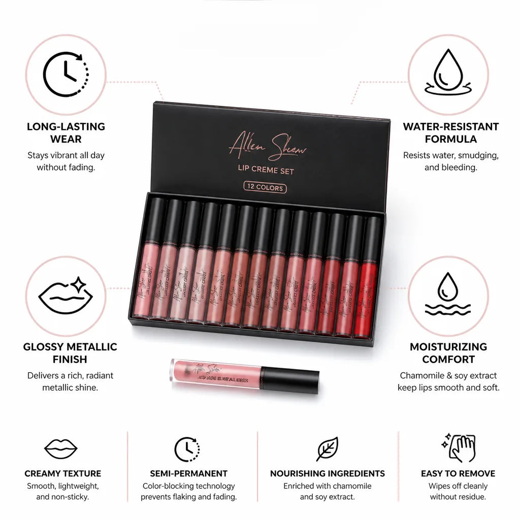 Lipstick Set 12-Color Long-Lasting Glossy Metallic