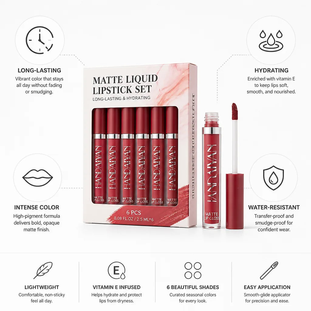 Matte Liquid Lipstick Set of 6 Long-Lasting & Hydrating