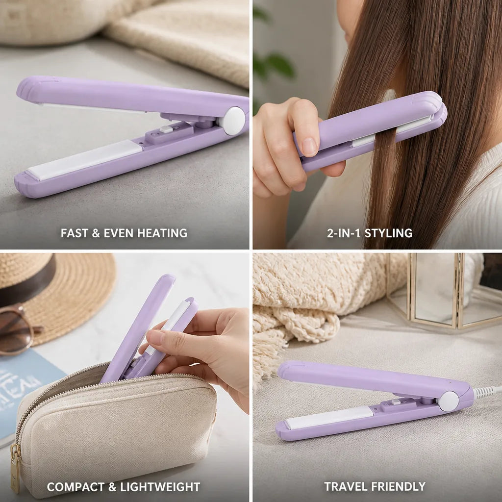 Mini Hair Curler & Straightener Tourmaline Ceramic Travel Size