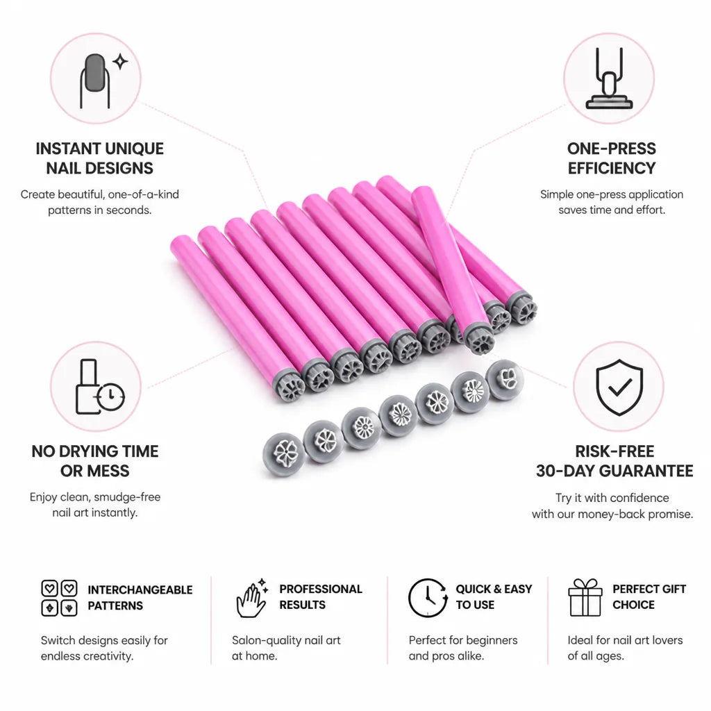 Nail Art Stamper Pen Interchangeable Pattern Heads & One-Press