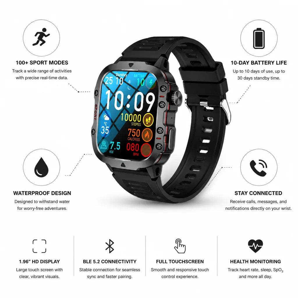 Outdoor Smartwatch Waterproof 10-Day Battery & 100+ Sport Modes