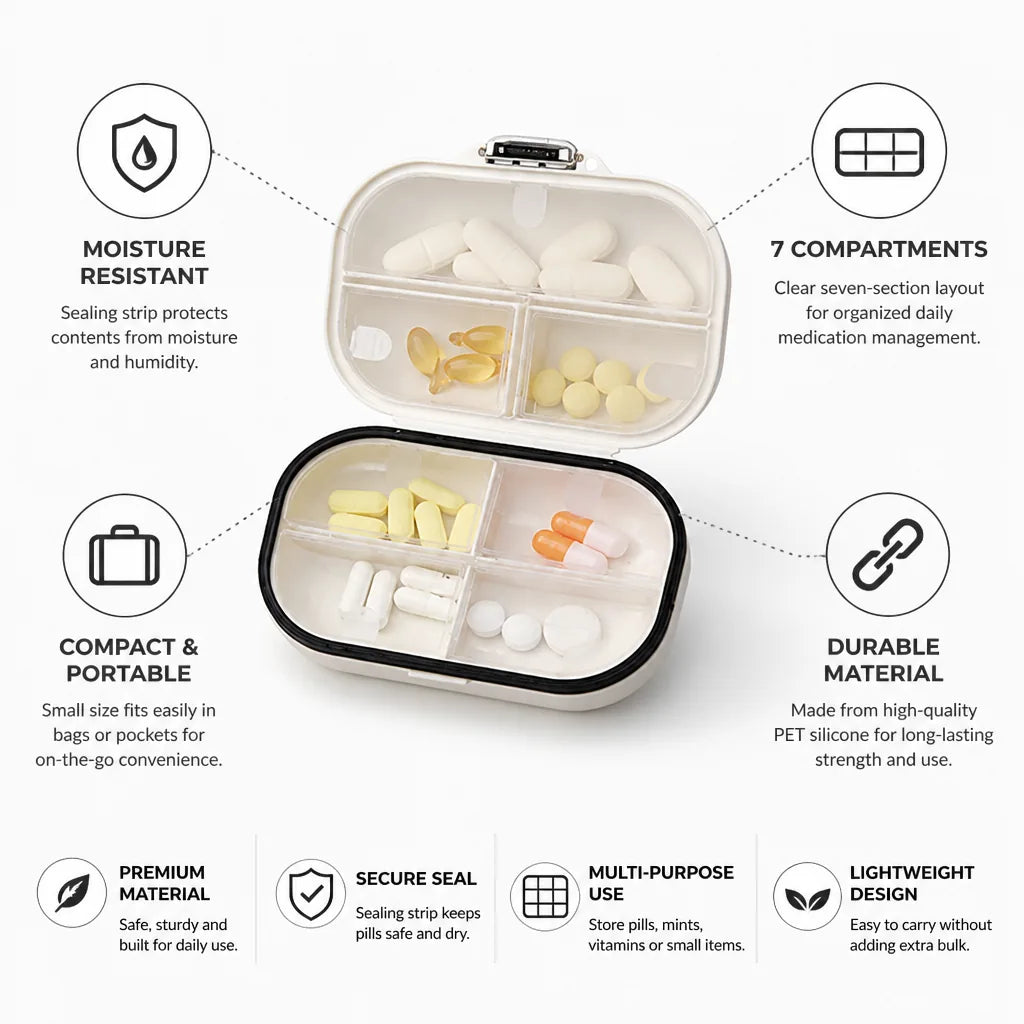 Pill Organizer 7 Compartments Moisture-Resistant Seal