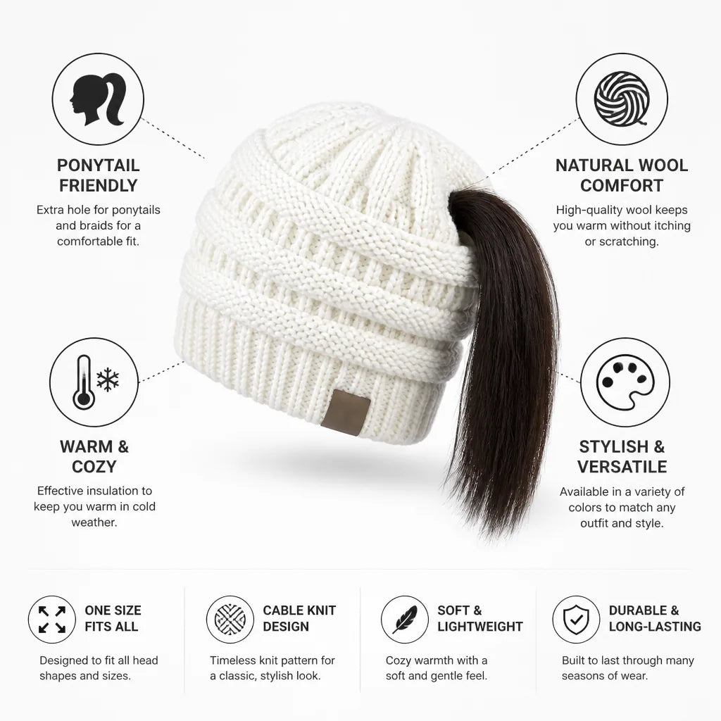 Ponytail Beanie Cable Knit Natural Wool One Size