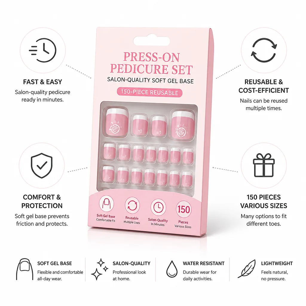 Press-On Pedicure Set Salon-Quality Soft Gel Base 150-Piece Reusable