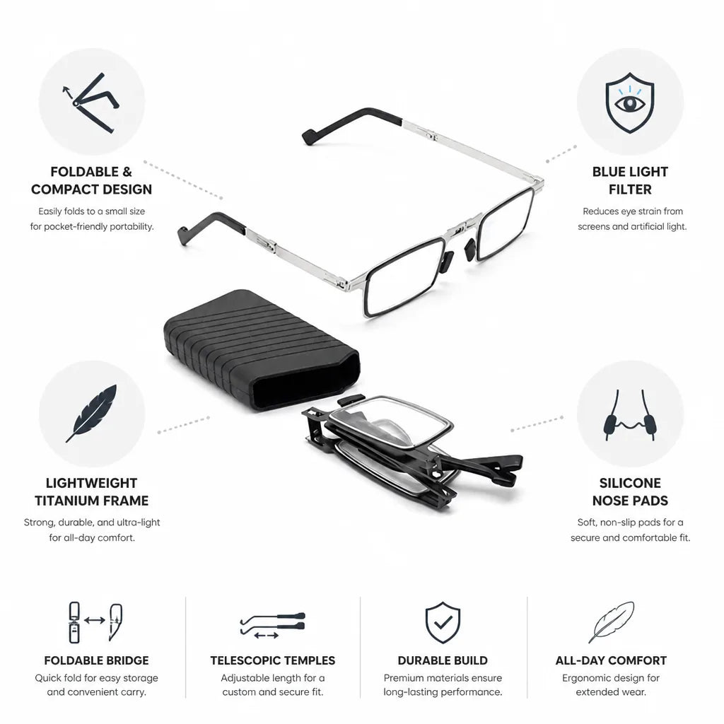 Reading Glasses Foldable Titanium Frame & Blue Light Filter