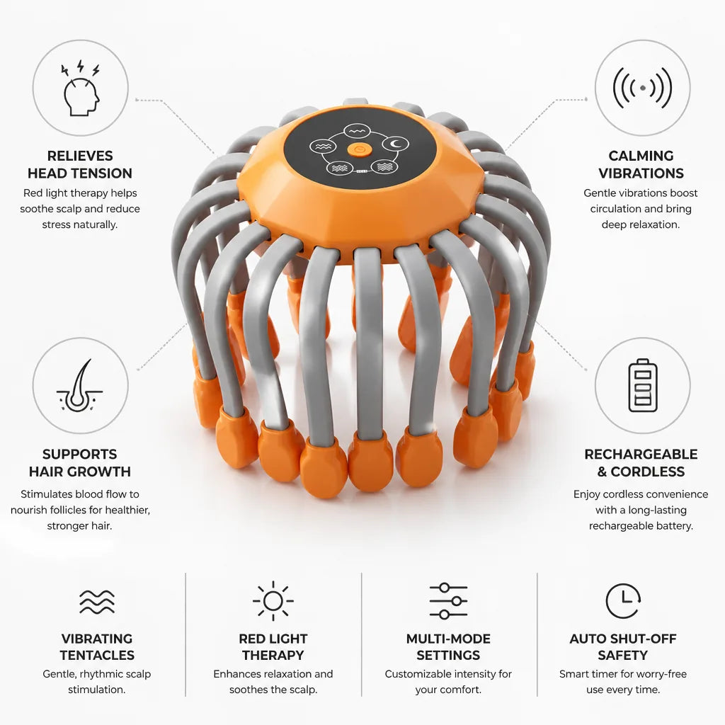 Scalp Massager Rechargeable Vibrating Tentacles & Red Light