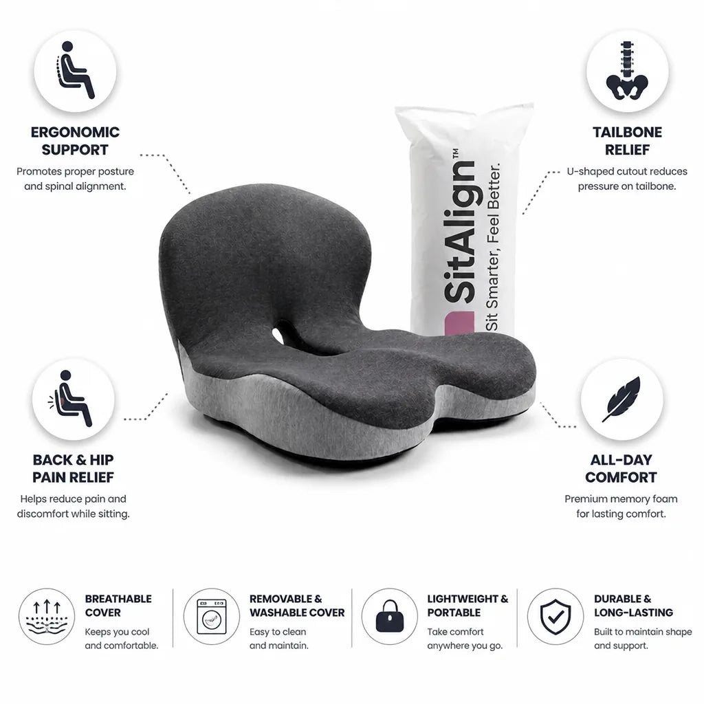 Seat Cushion Ergonomic Tailbone Cutout Back & Hip Relief